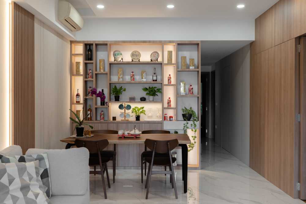 Contemporary Dining Room with Chandelier and Seating Bench