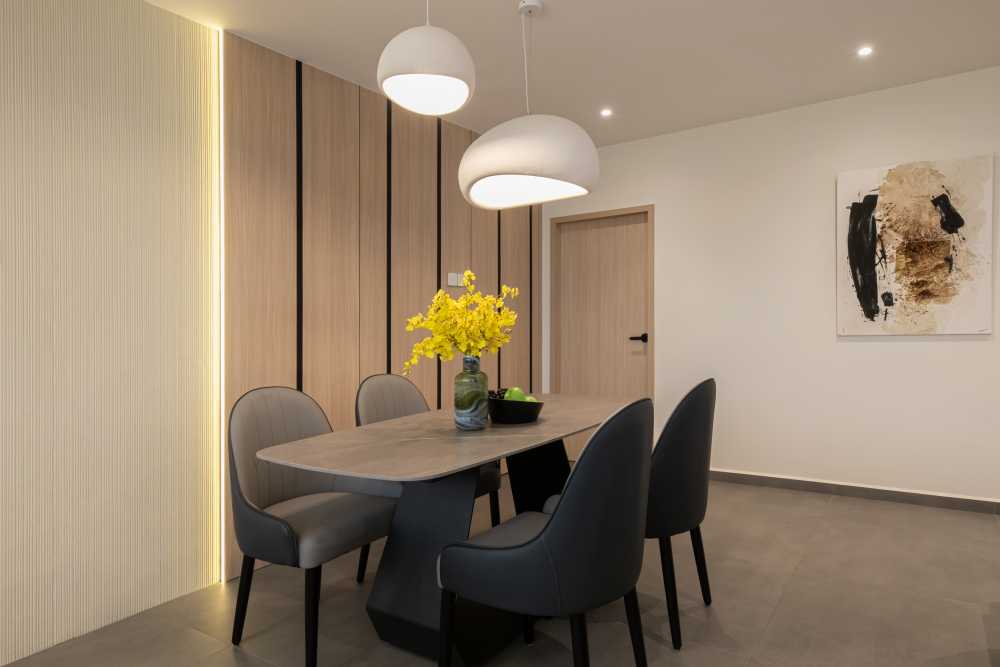 Minimalist Dining Room with Chandelier and Dining Table