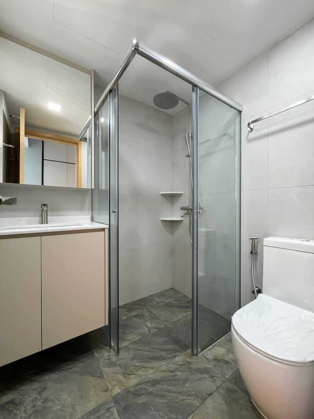 Scandinavian Bathroom with Shower Screen and Bathroom Storage