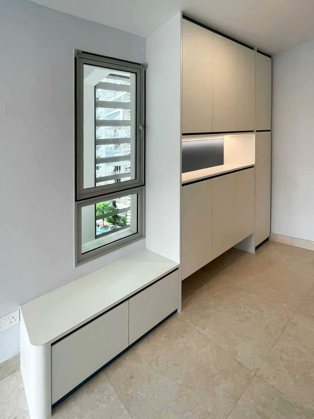 Scandinavian Foyer with Window Grille and Storage Cabinets