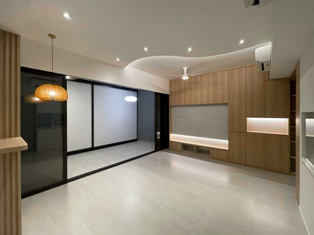 Scandinavian Living Room with TV Console and Glass Door