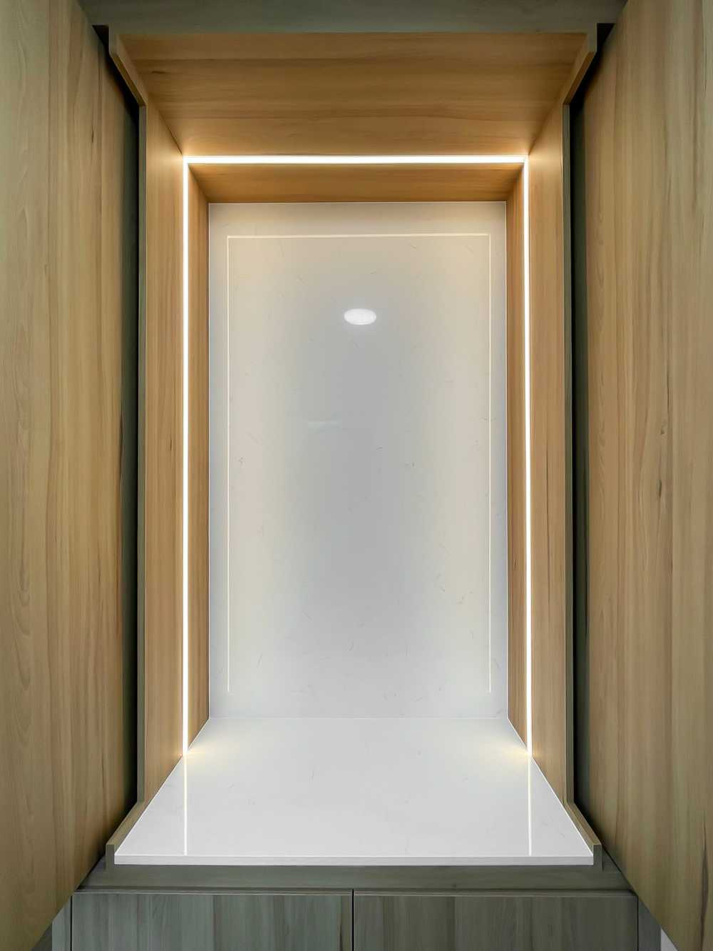 Scandinavian Foyer with Paintings and Display Cabinets