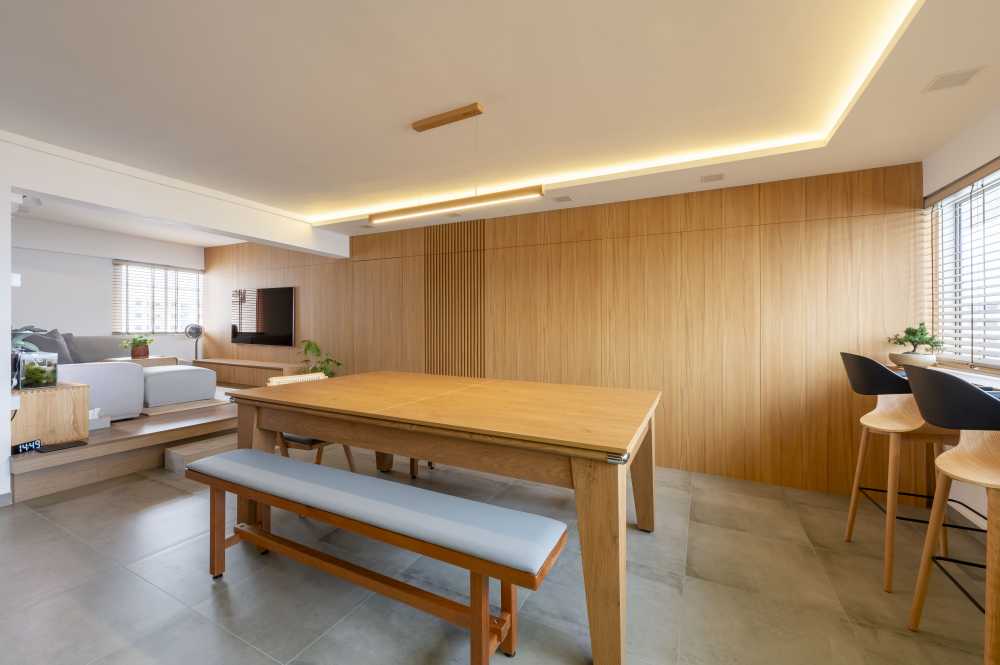 Scandinavian Living Room with Bookshelf and Vinyl Flooring