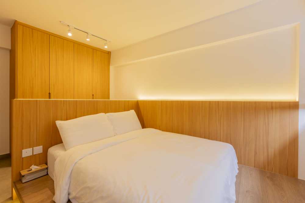 Scandinavian Bedroom with Platform Bed and Vinyl Flooring