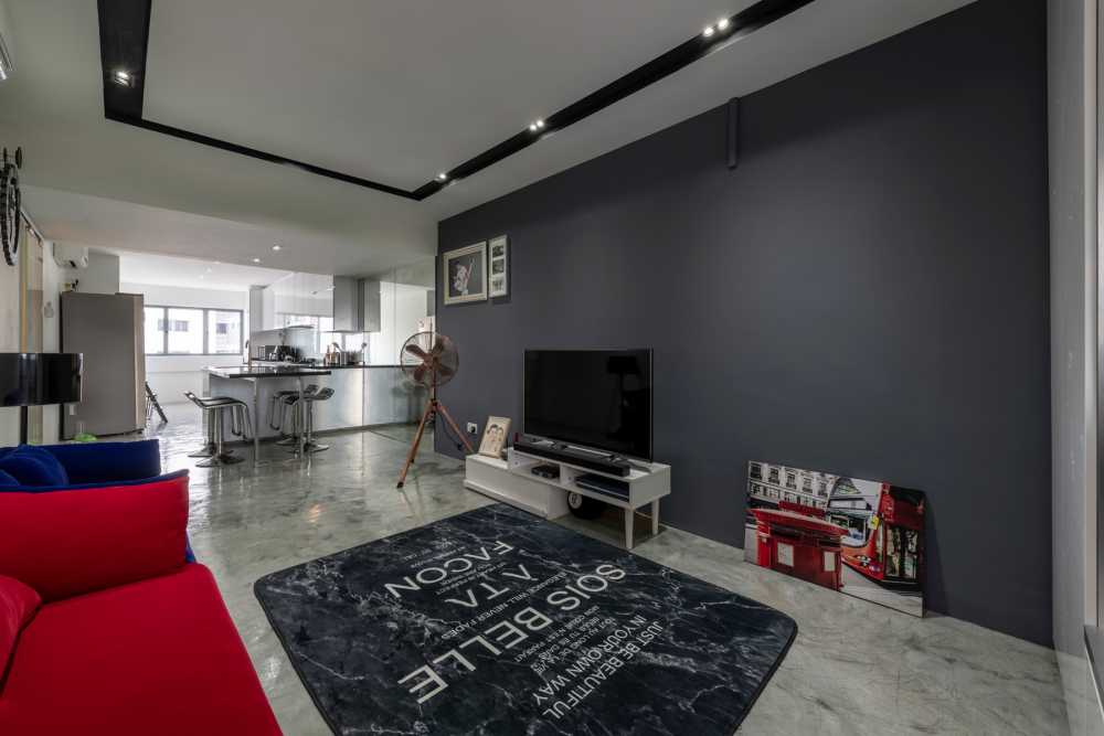 Industrial Living Room with Cement Floor and TV Console