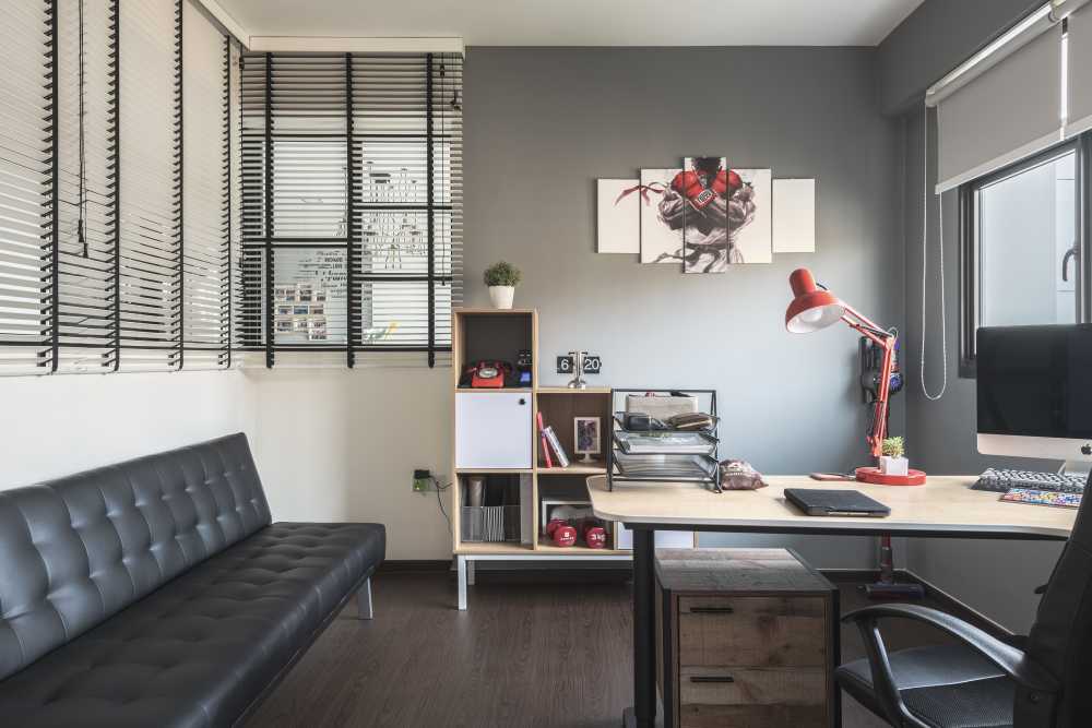 Modern Home Office with Bookshelf and Wallpaper