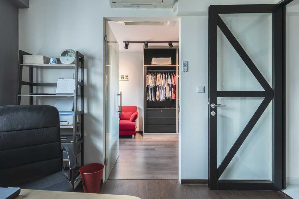 Modern Bedroom with Bookshelf and Vinyl Flooring