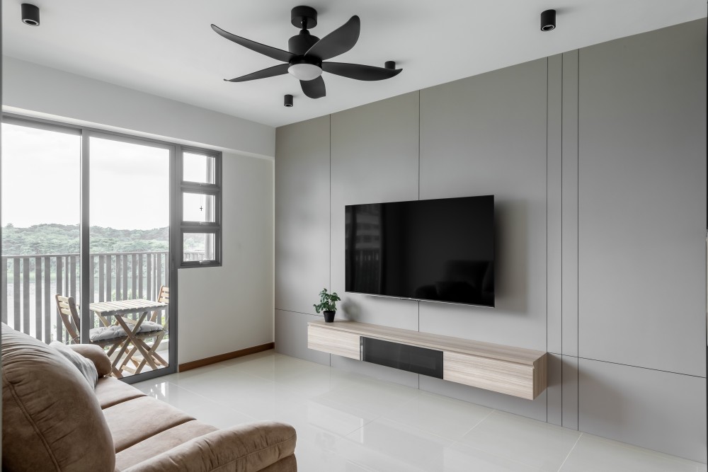 Contemporary Living Room with Homogeneous Tiles and TV Console