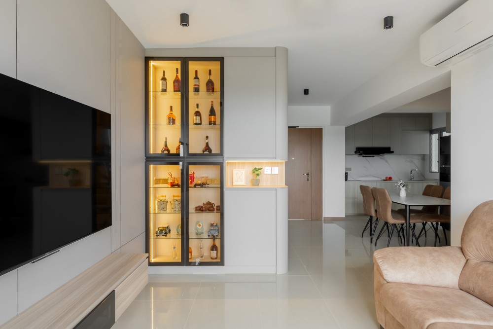 Contemporary Living Room with Homogeneous Tiles and TV Console