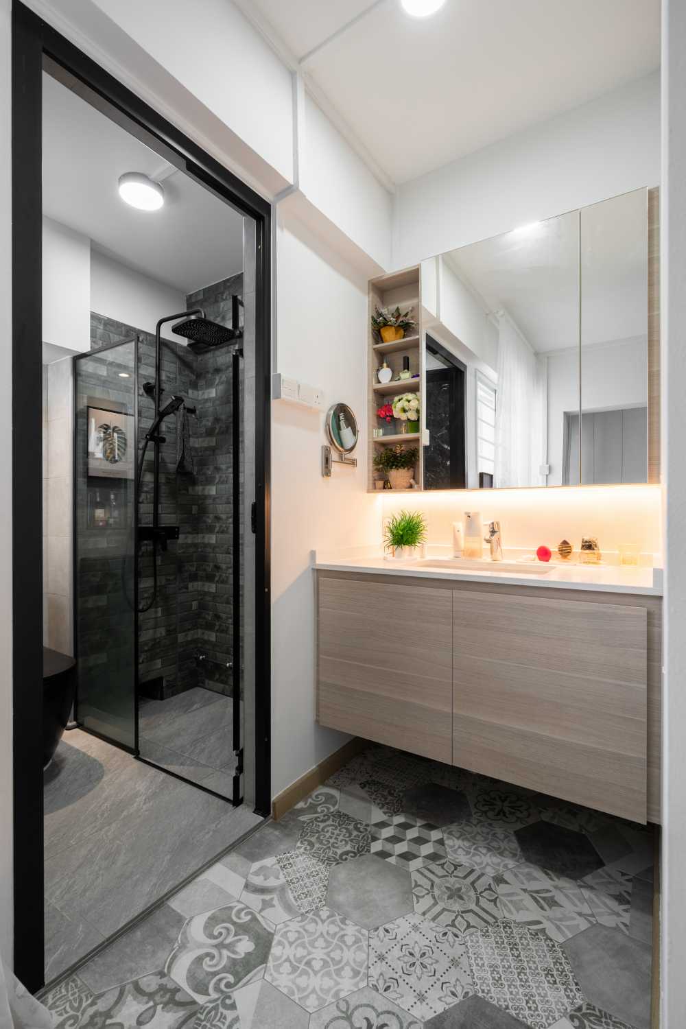 Scandinavian Bathroom with Countertop and Homogeneous Tiles