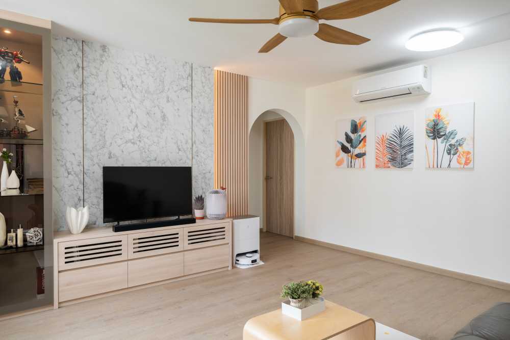 Scandinavian Living Room with Vinyl Flooring and Feature Wall