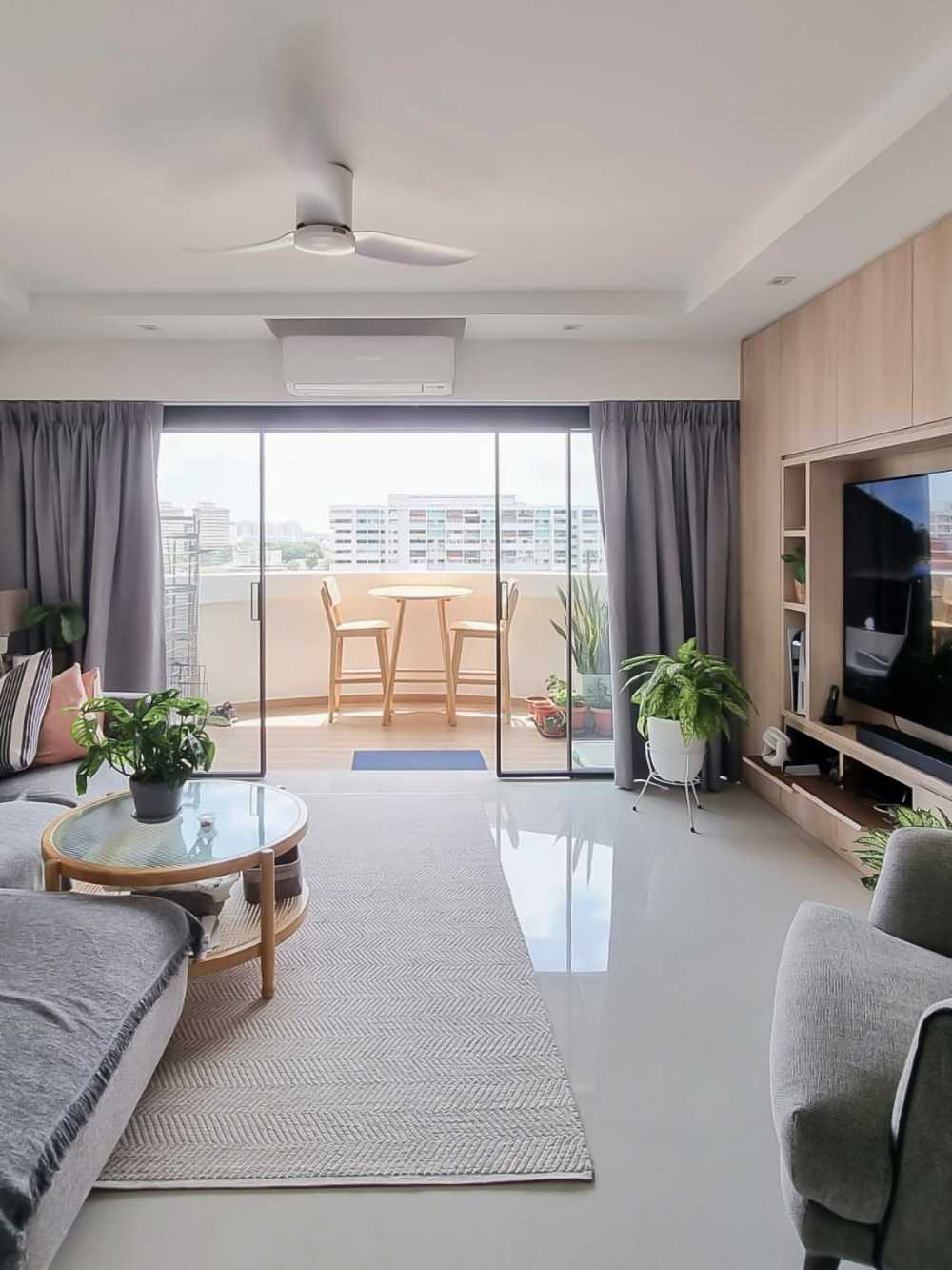 Scandinavian Living Room with TV Console and Glass Door