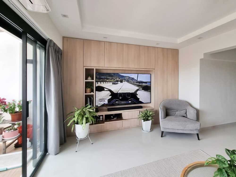 Scandinavian Living Room with TV Console and Glass Door