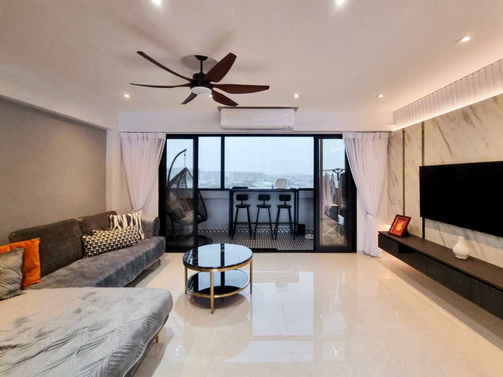 Scandinavian Living Room with TV Console and Glass Door