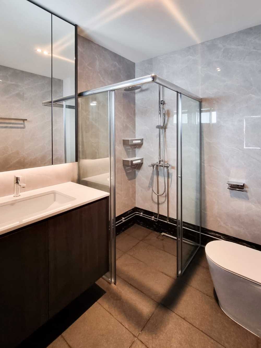 Scandinavian Bathroom with Shower Screen and Bathroom Storage