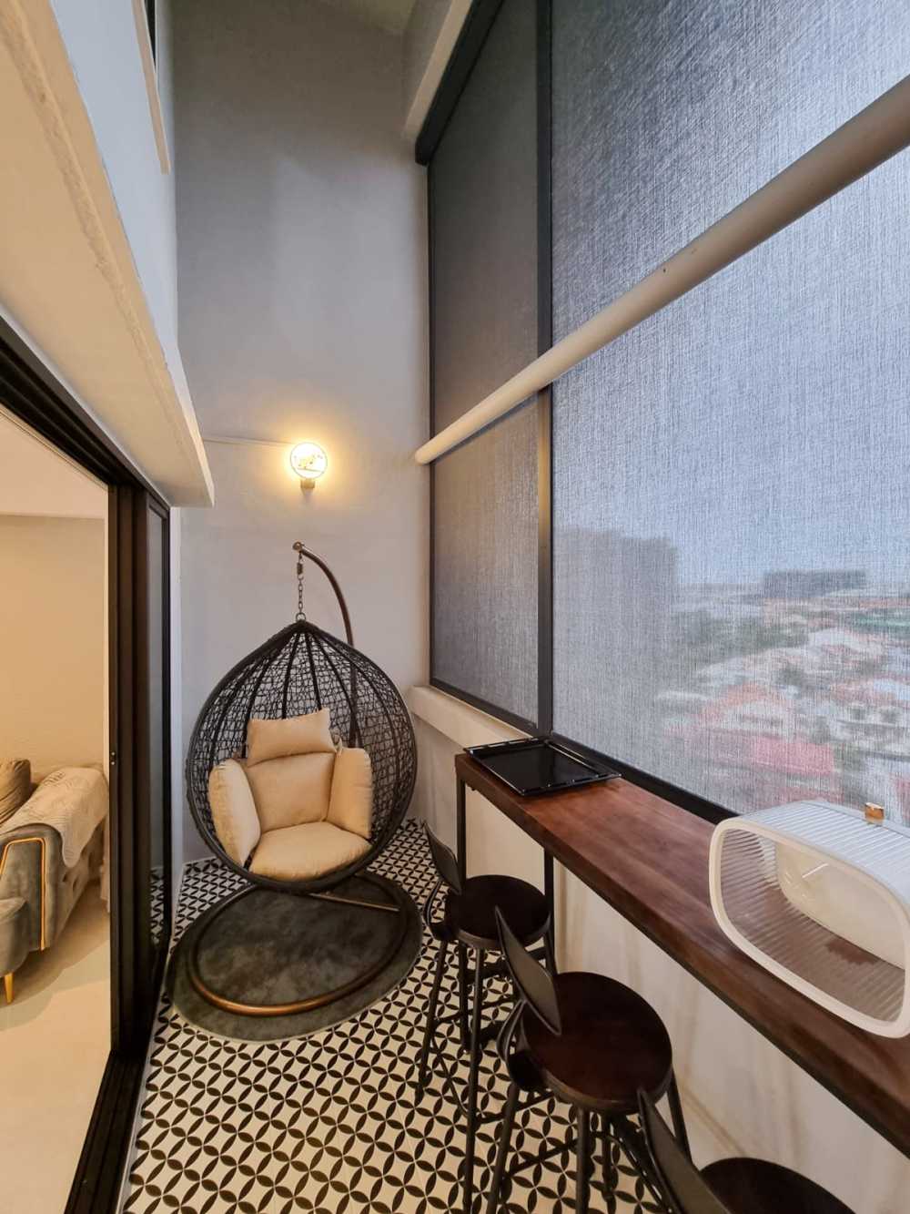 Scandinavian Balcony with Glass Door and Window Grille
