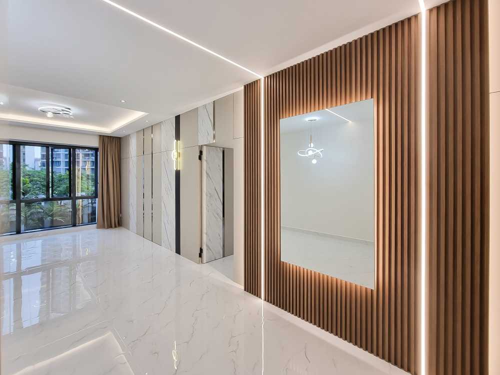 Scandinavian Living Room with Panelling and Window Grille