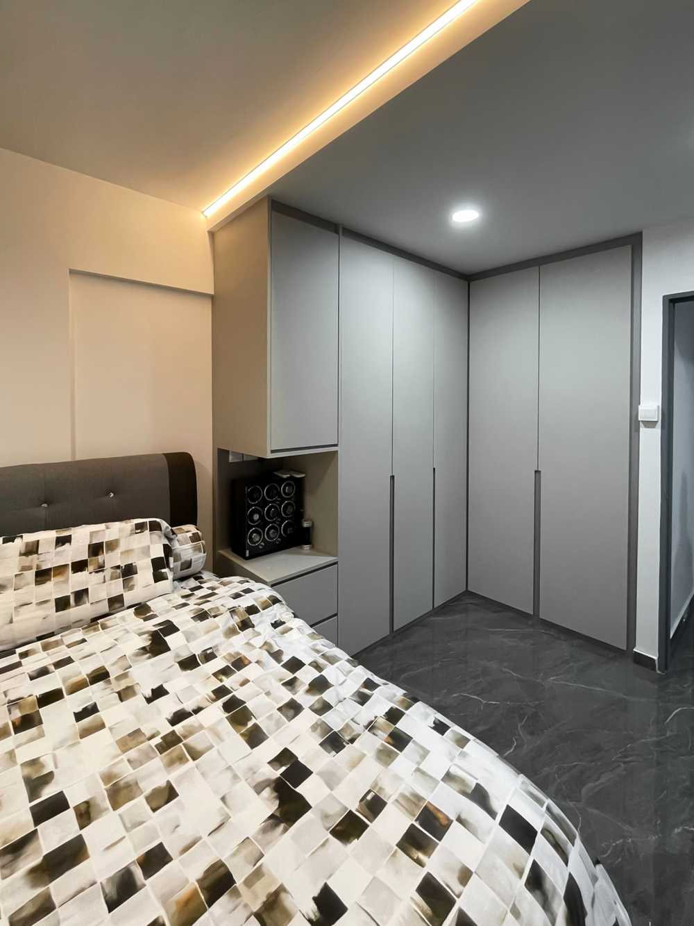 Scandinavian Bedroom with Wardrobe and Paintings