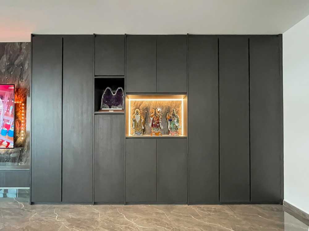 Scandinavian Living Room with Altar and Paintings