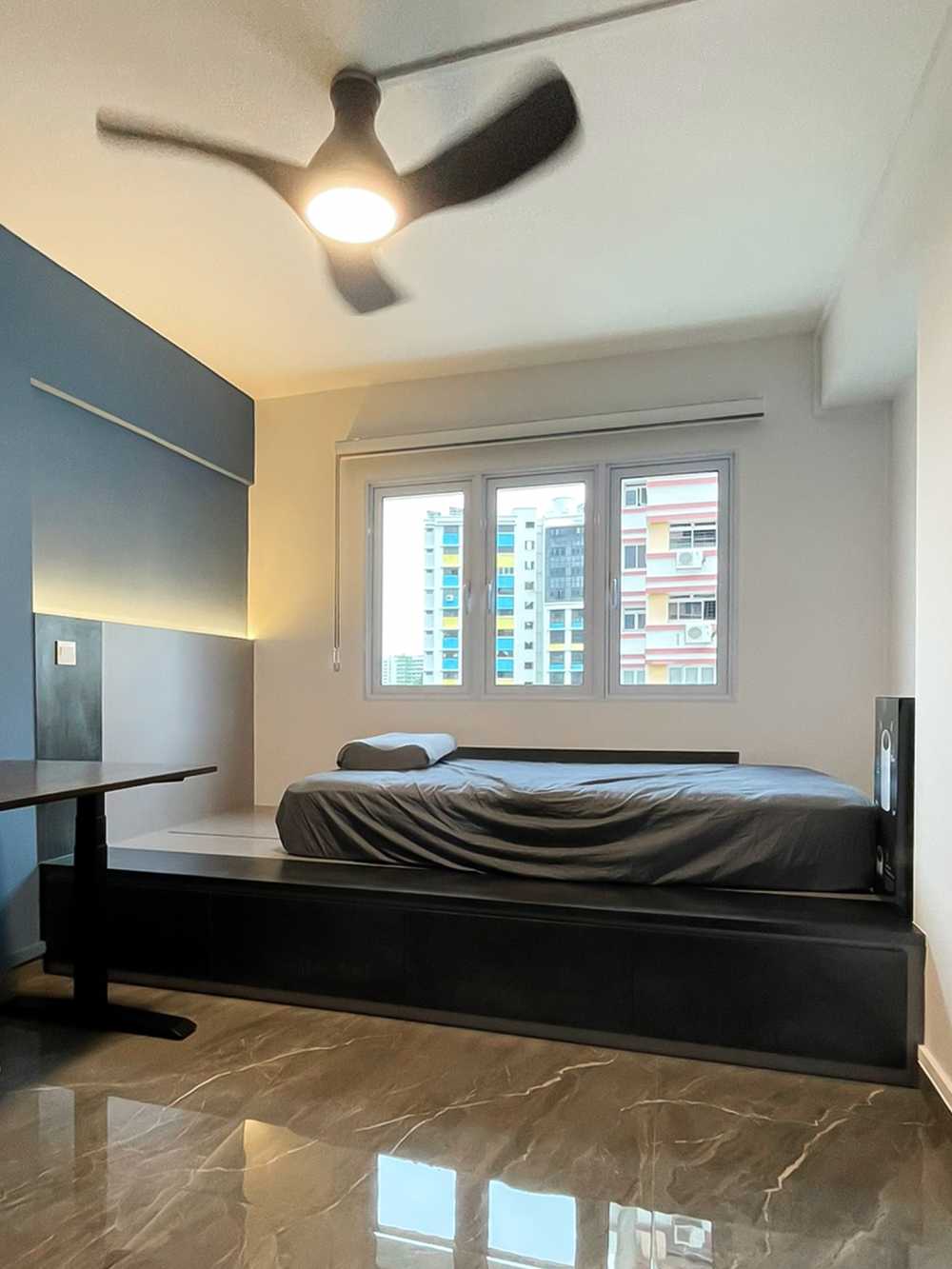 Scandinavian Bedroom with Built-in Bed and Window Grille