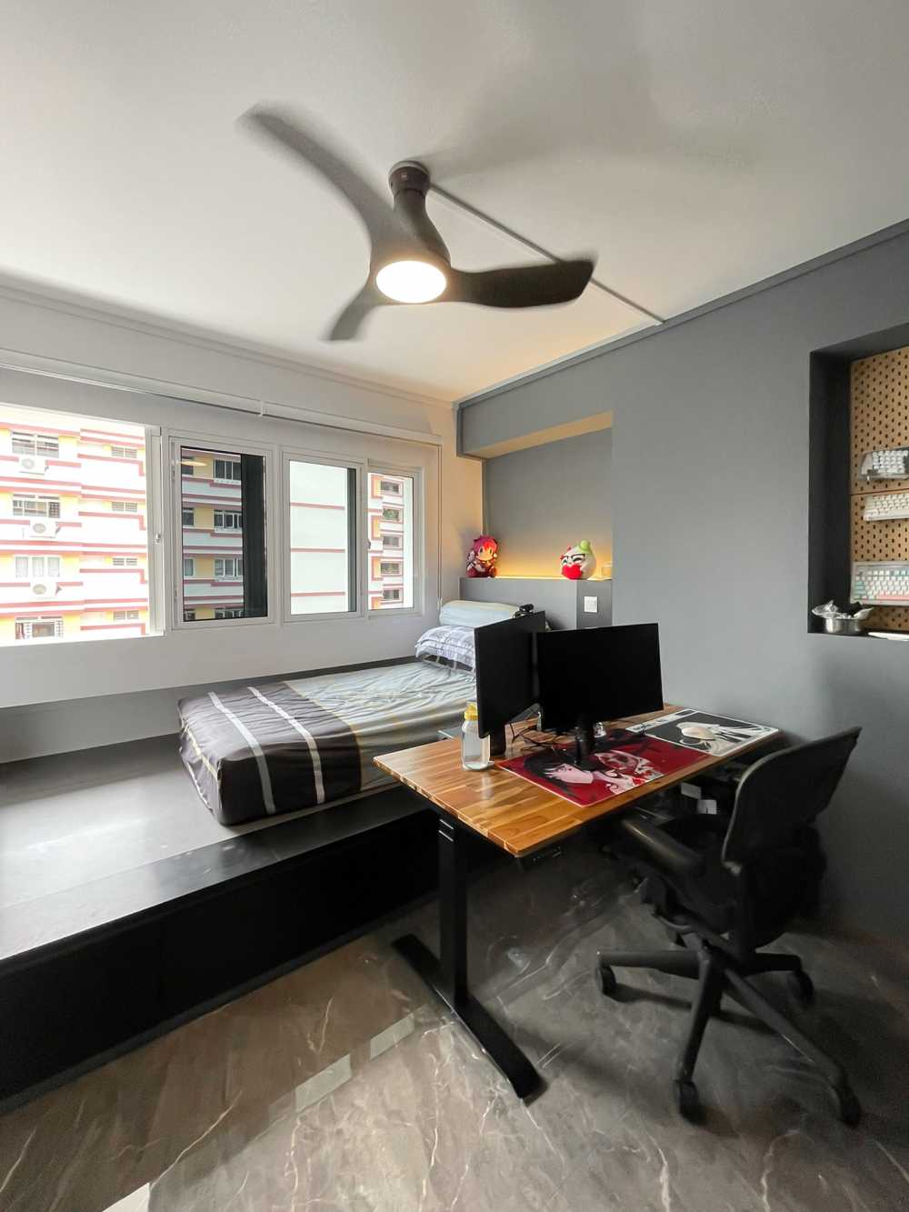 Scandinavian Bedroom with Built-in Bed and Paintings