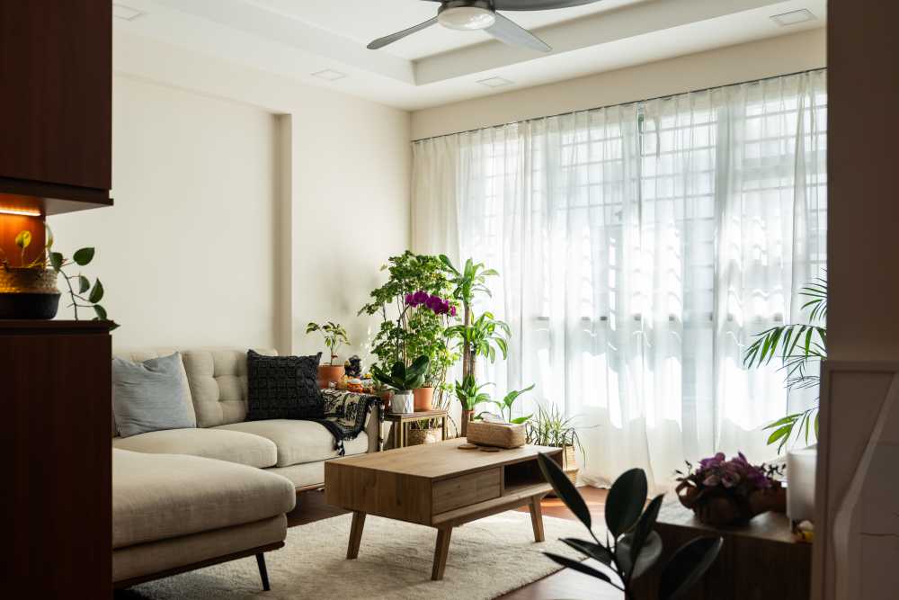 Modern Living Room with Wood Flooring and Drop Light