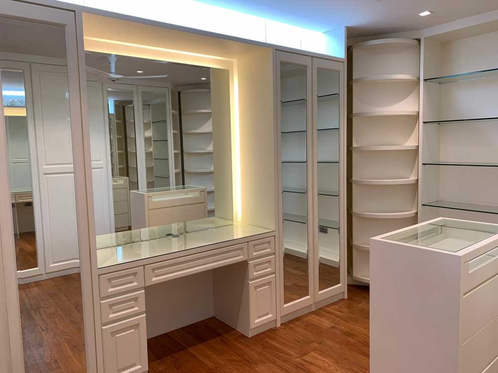 Modern Bedroom with Parquet Floor and Mirror