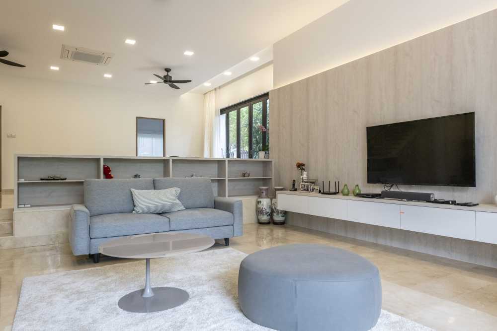 Contemporary Living Room with Marble Floor and TV Console