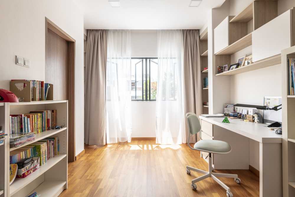 Contemporary Bedroom with Bookshelf and Parquet Floor