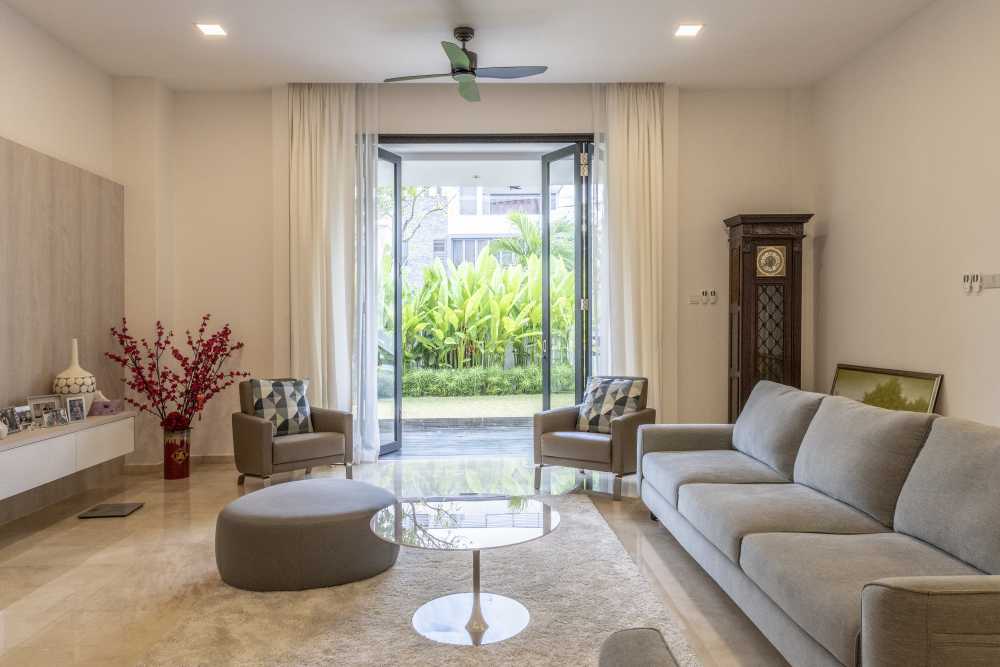 Contemporary Living Room with Marble Floor and TV Console
