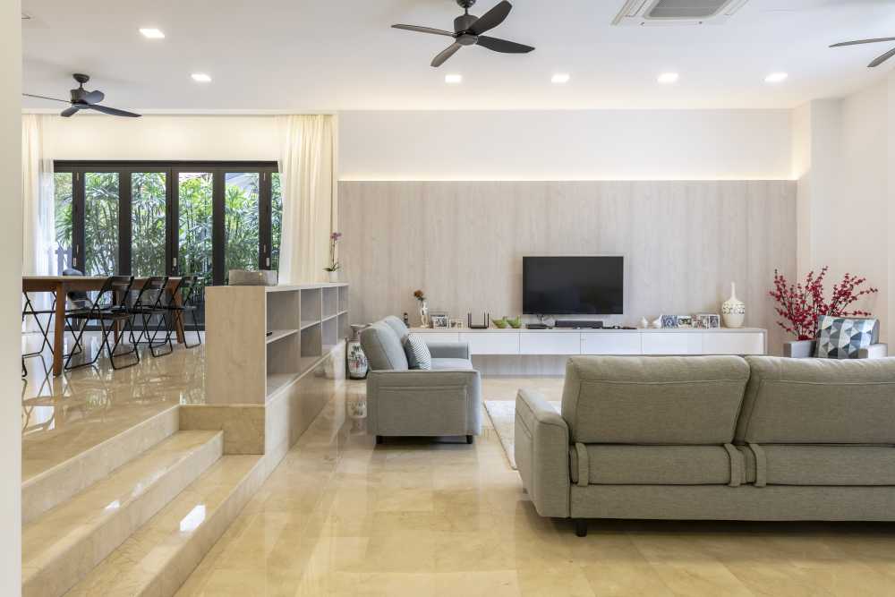 Contemporary Living Room with Marble Floor and TV Console