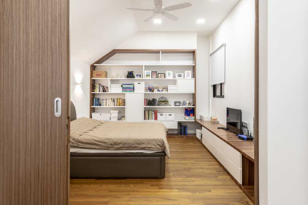 Contemporary Bedroom with Parquet Floor and TV Console