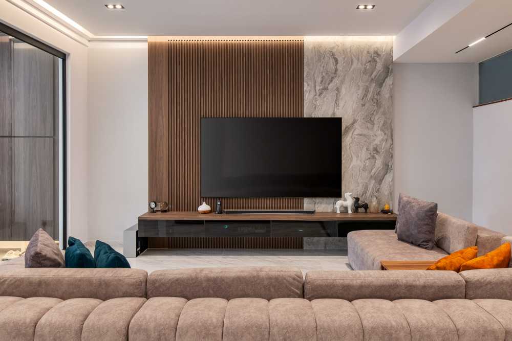 Contemporary Living Room with TV Console and Feature Wall