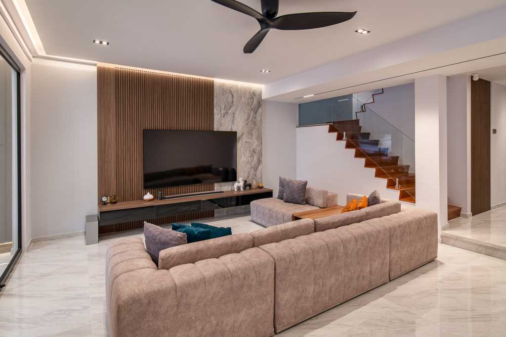 Contemporary Living Room with Homogeneous Tiles and TV Console