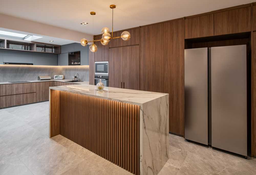 Contemporary Dining Room with Drop Light and Dining Table