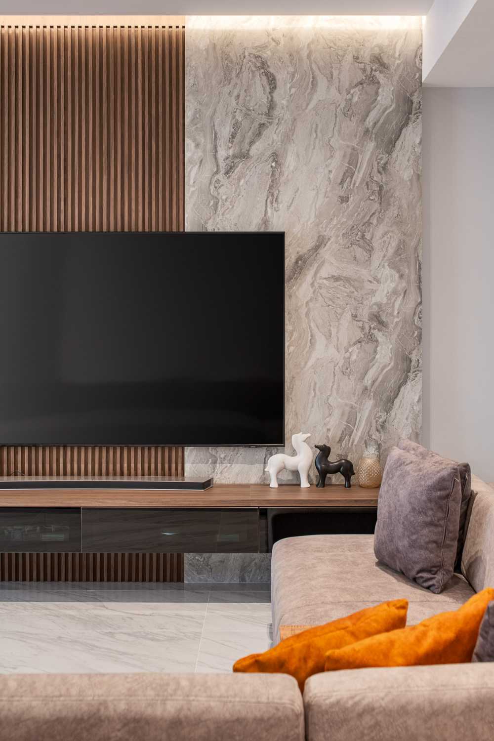Contemporary Living Room with TV Console and Wood TV Console