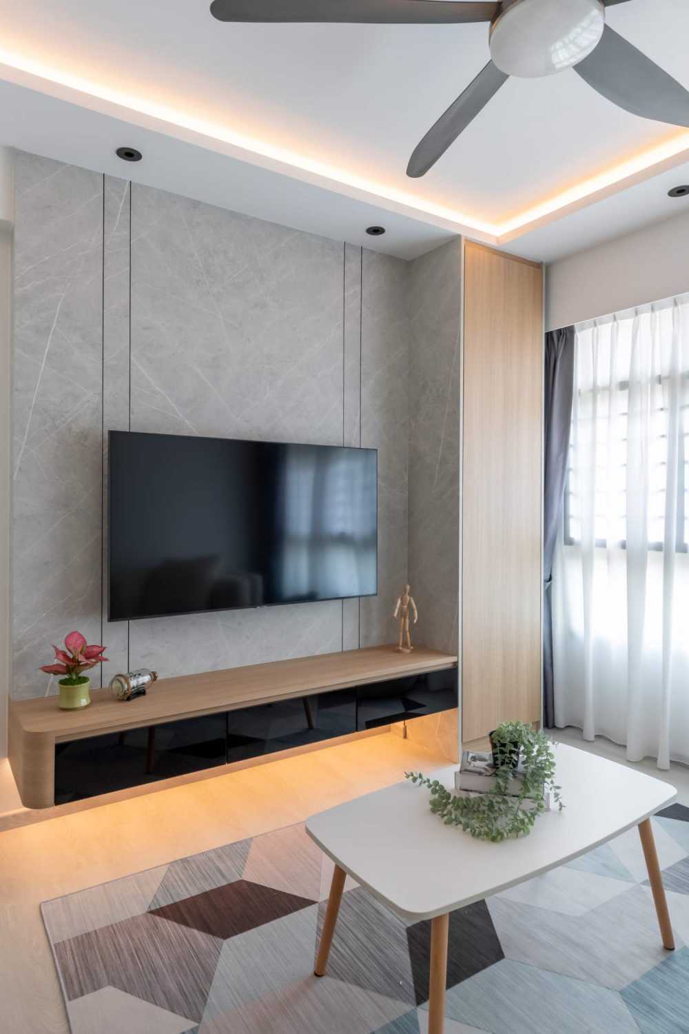 Contemporary Living Room with Bookshelf and Vinyl Flooring