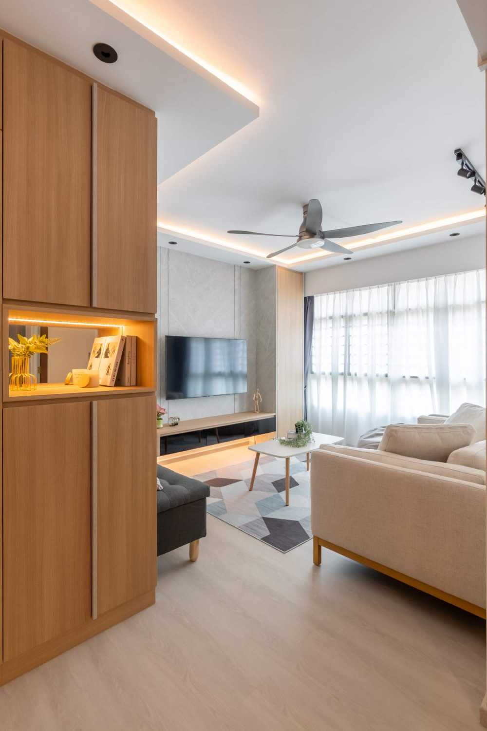 Contemporary Living Room with Bookshelf and TV Console