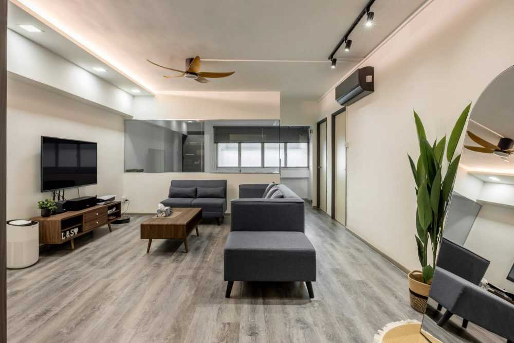 Contemporary Living Room with TV Console and Feature Wall