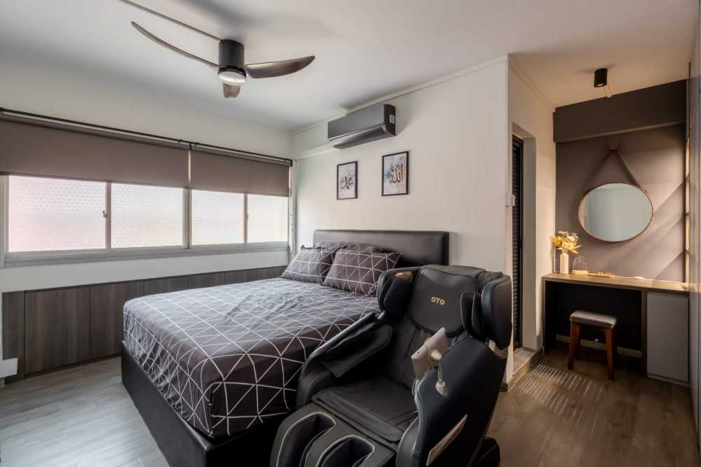Contemporary Bedroom with Platform Bed and Vinyl Flooring