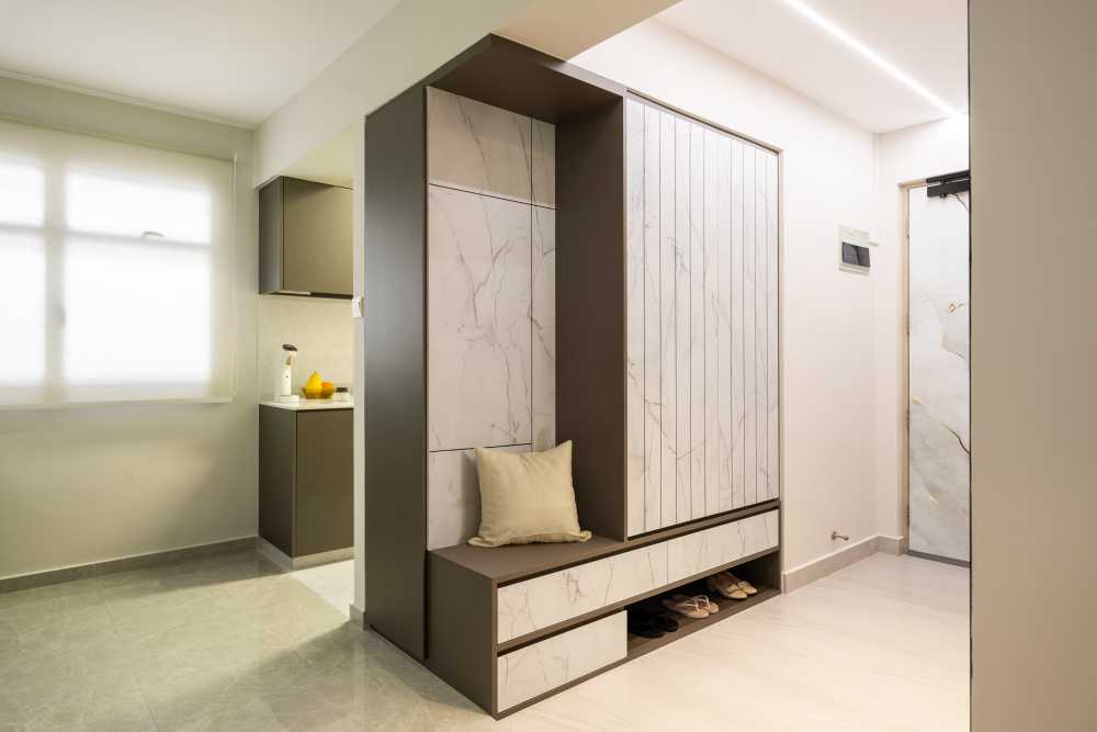 Modern Entryway with Artwork and Seating Bench