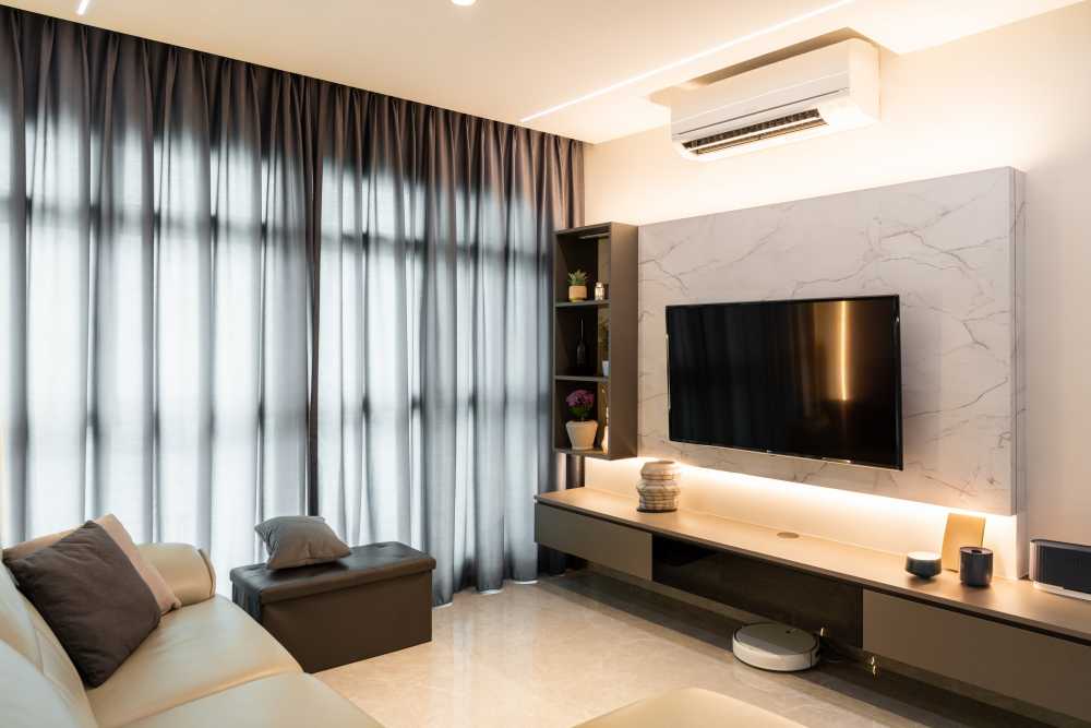 Modern Living Room with Homogeneous Tiles and Marble Floor