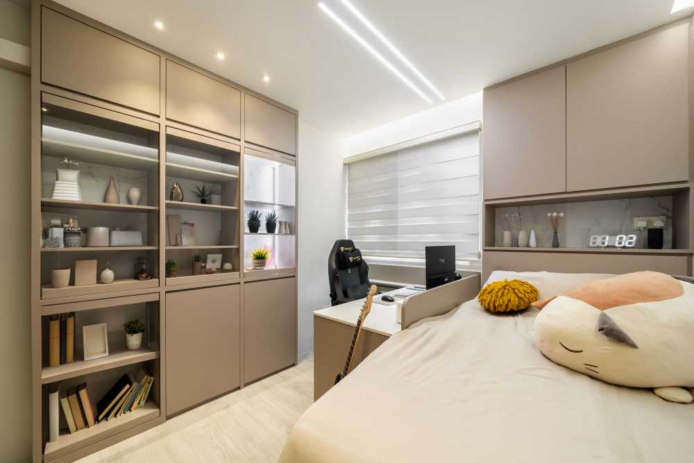 Modern Bedroom with Wood Flooring and Drop Ceiling