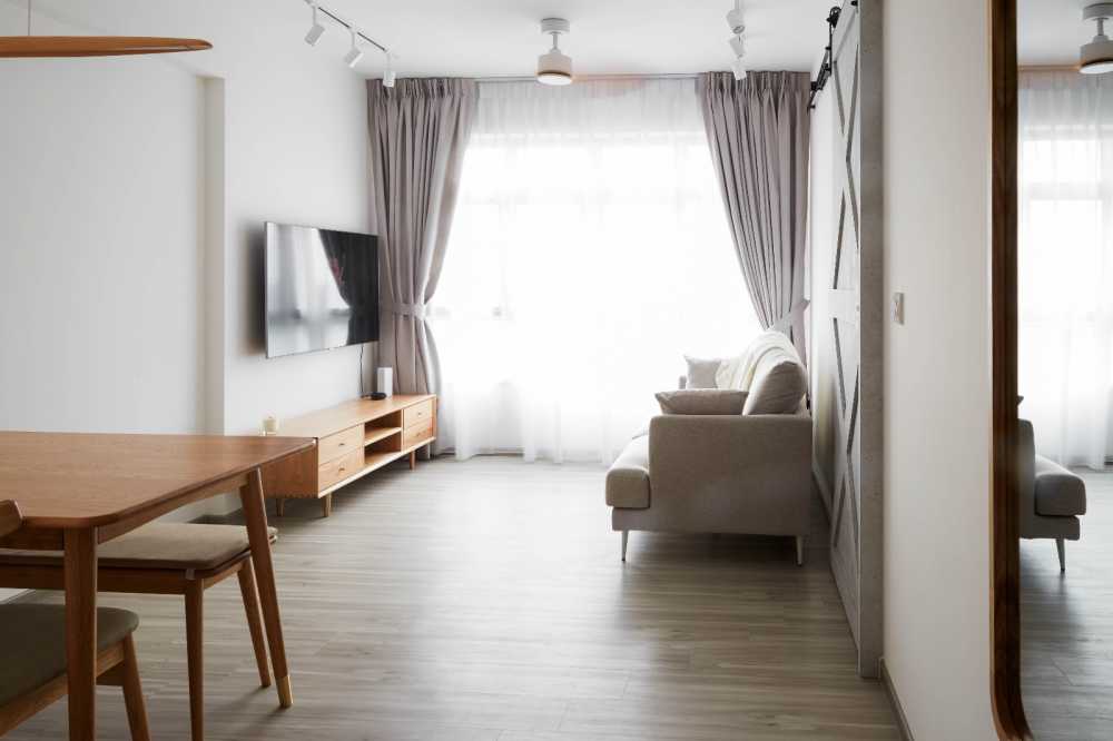 Scandinavian Living Room with Vinyl Flooring and TV Console