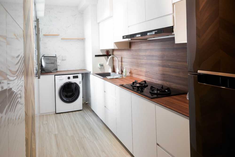 Scandinavian Kitchen with Countertop and Vinyl Flooring