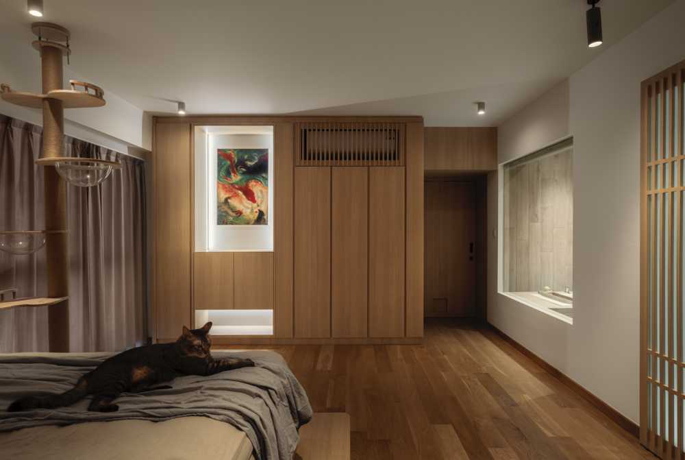 Contemporary Bedroom with Roller Blinds and Clothes Storage