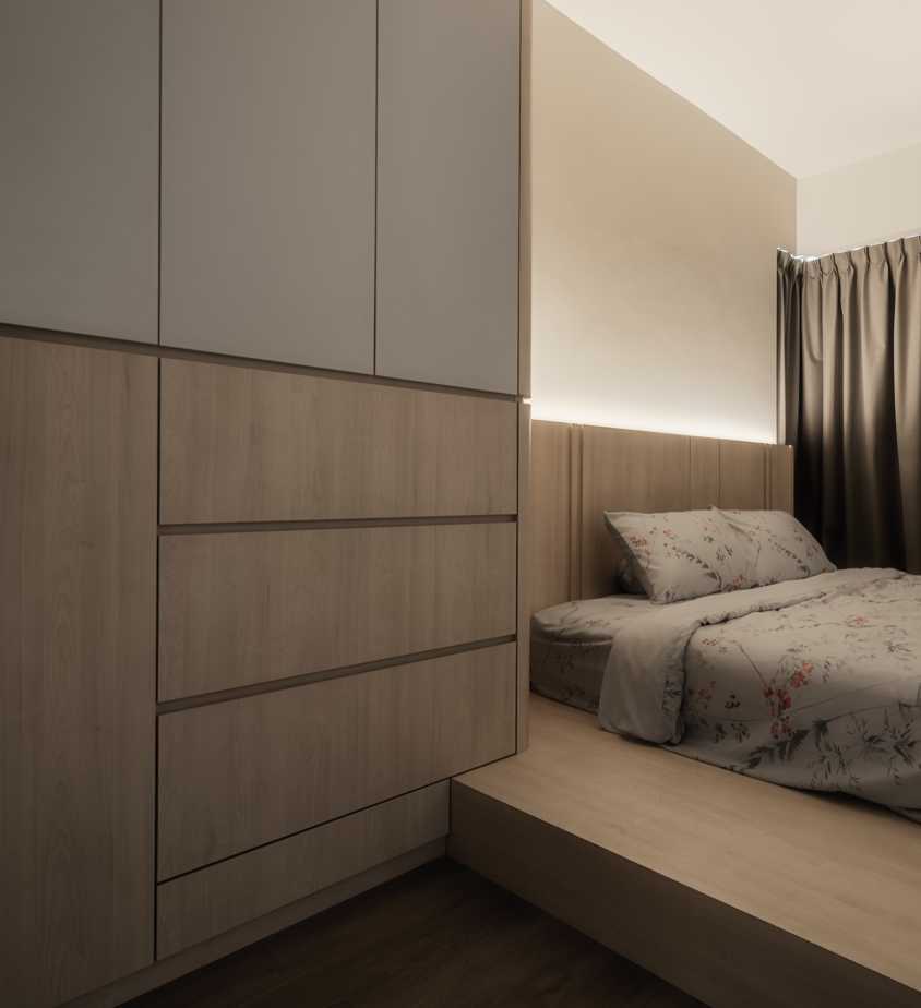 Contemporary Bedroom with Granite Floor and Storage Cabinets