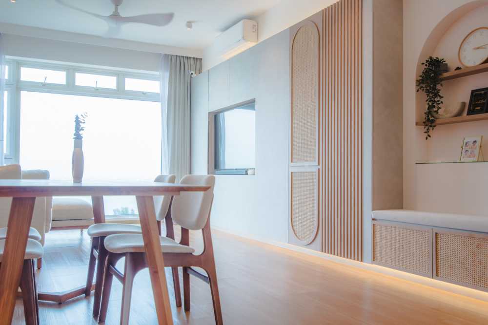 Contemporary Living Room with Vinyl Flooring and Feature Wall