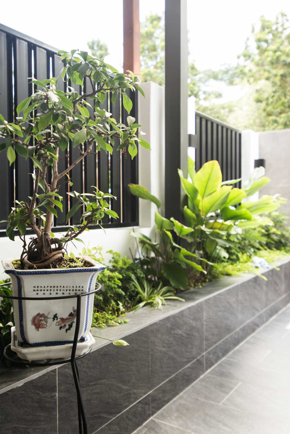 Contemporary Porch with Metal Gate and Planters