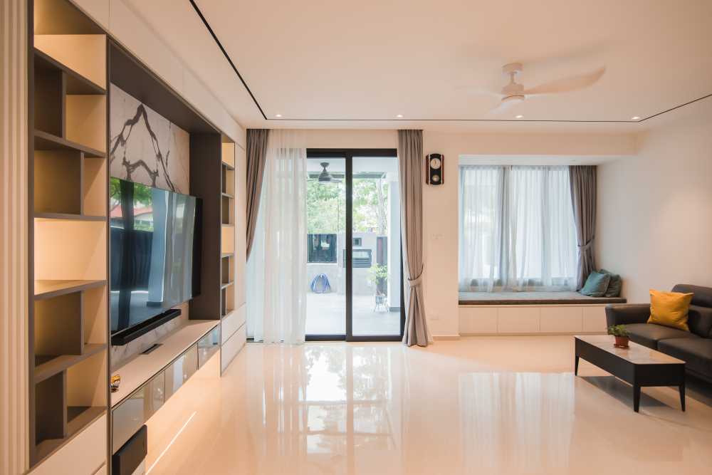 Contemporary Living Room with Homogeneous Tiles and TV Console